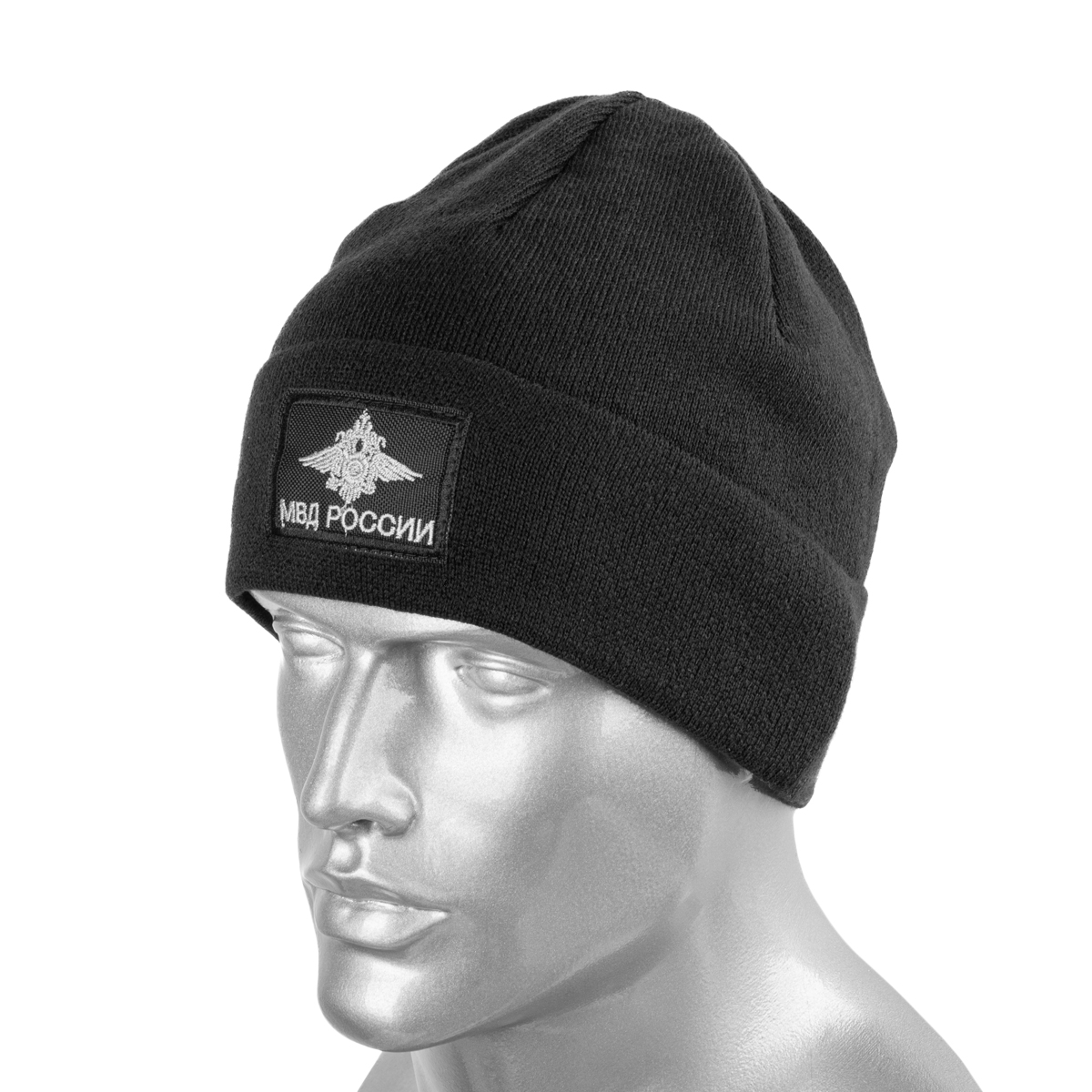 Шапка вязаная п/ш с флисовой подкладкой черная с вышит. шевроном МВД России (орел МВД)