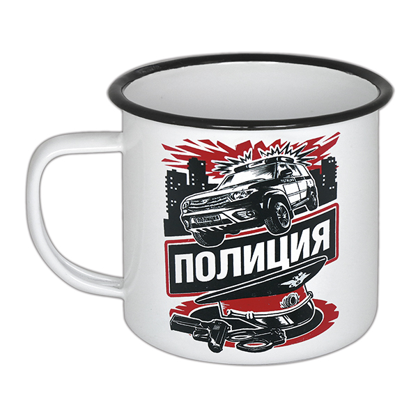 Кружка эмалированная 0,5 л с рис. (деколь) Полиция (автомобиль, фуражка...)