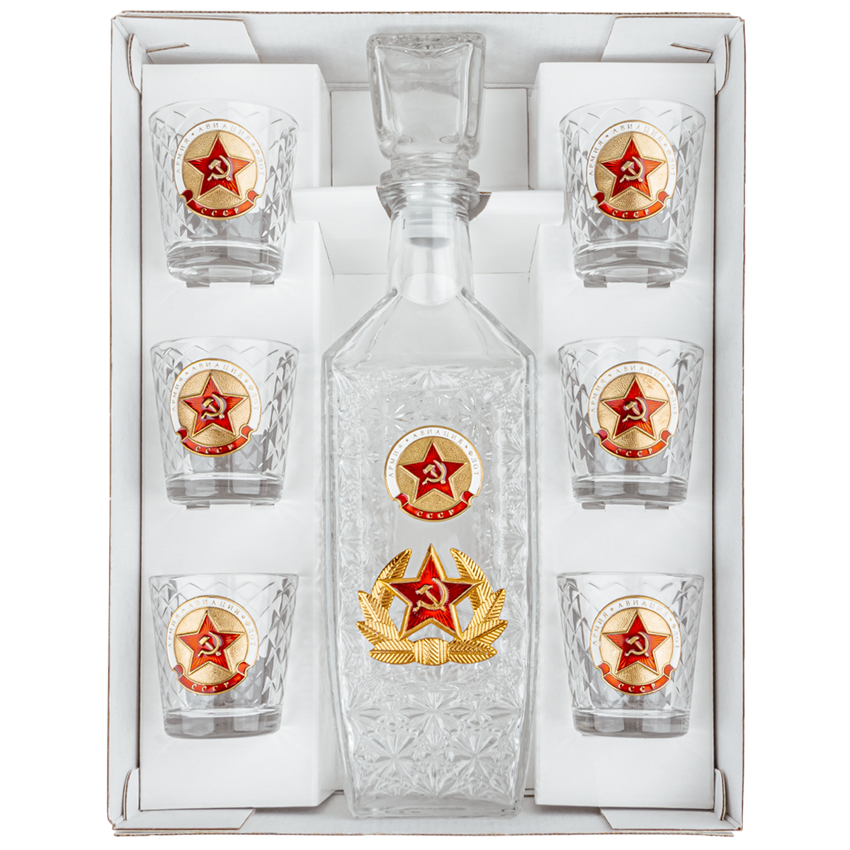 Набор подарочный стеклянный Штоф (0,5 л) и 6 стопок (50 мл) с мет. накладками Звезда СА (армия, авиация, флот)