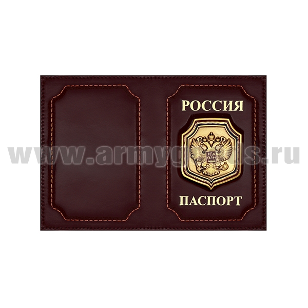 Обложка кожа с мет. накладкой Паспорт Россия (орел РФ на щите) вертикальная красная