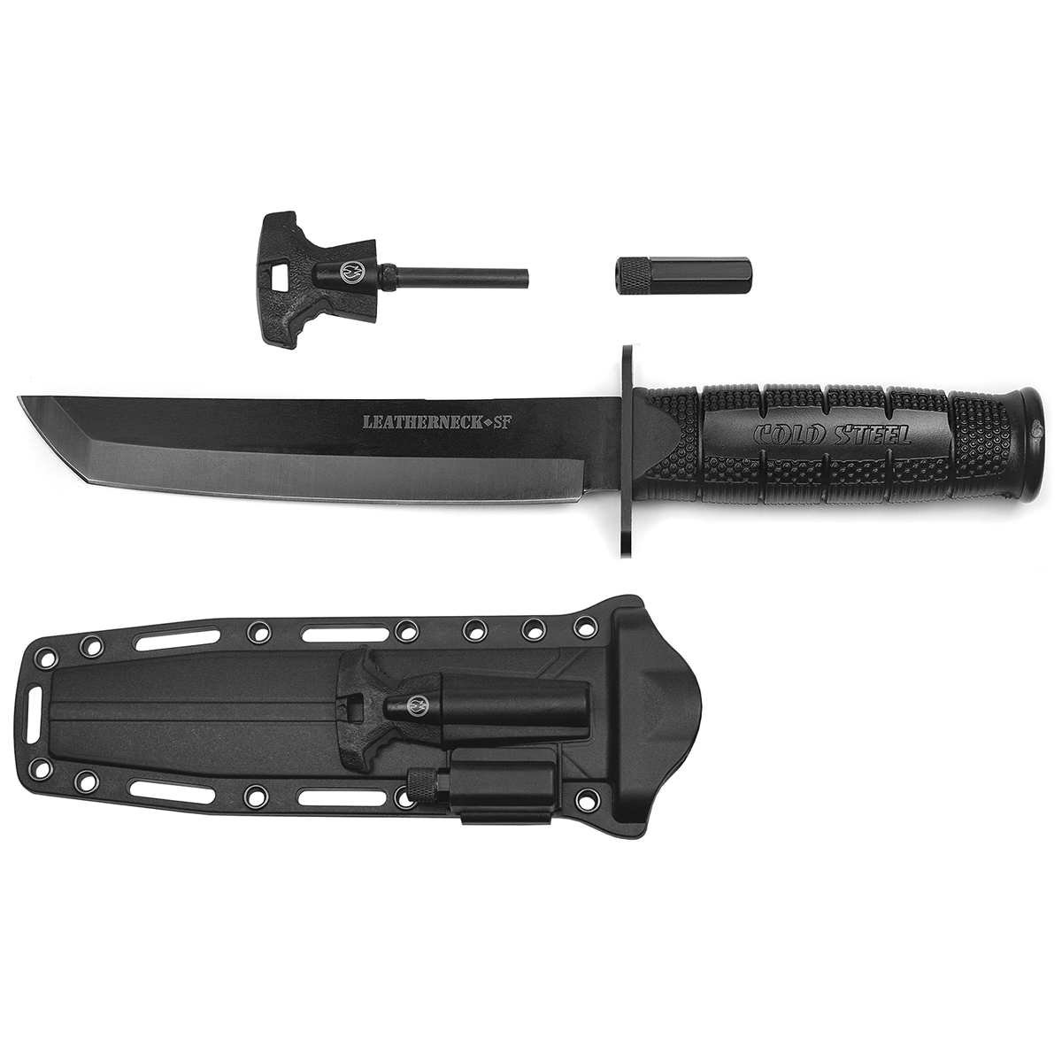 Нож COLD STEEL Letherneck (в пластиковых ножнах) с огнивом и мал. фонариком (205 B) общая длина 29 см (черный/стальной по наличию)