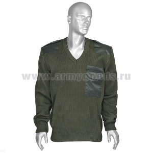 Свитер п/ш с накладками оливк. (вырез под горло V-образный) р-ры с 42 по 60