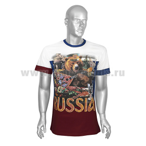 Футболка с рис краской триколор с медведем и надписью Russia