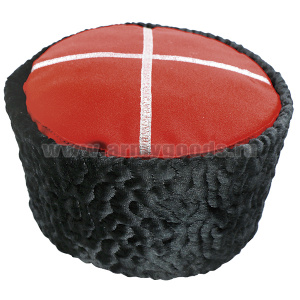 Шапка иск. мех Кубанка черная (красный верх - ткань)