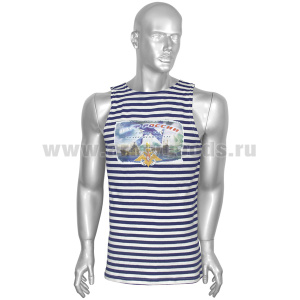 Майка-тельняшка кулирка синяя ВМФ России (С нами Бог и Андреевский  флаг) рисунок и надпись краской