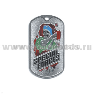 Жетон (нерж. ст., эмал.) Specilal forces (скелет в голуб. берете с кинжалом)