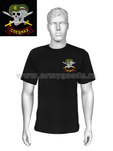 Футболка с вышивкой на груди Спецназ (череп в оливковом берете) черн.