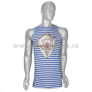 Майка-тельняшка кулирка голубая Никто, кроме нас (эмблема ВДВ) рисунок и надпись краской