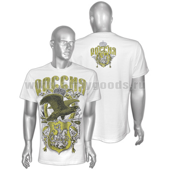 Футболка с рис краской Россия (двуглавый орел, держащий щит) белая