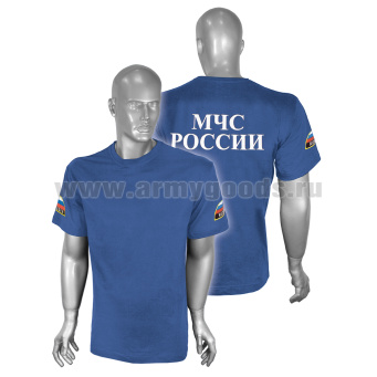 Футболка с надп. краской МЧС России синяя светлая АКЦИЯ (2 шеврона)  р-ры с 62