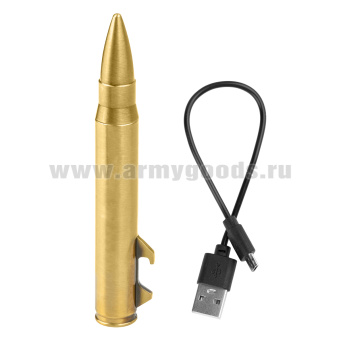 Зажигалка спиральная со шнуром USB, с открывалкой ПУЛЯ (зол./черн. по наличию на складе)