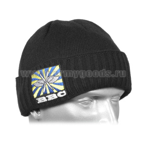 Шапка вязаная двойная п/ш черная с вышивкой ВВС (флаг ВВС РФ)