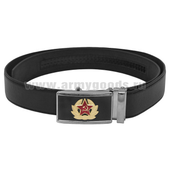 Ремень брючный кожаный черный с цветной бляхой Кокарда СА р/с