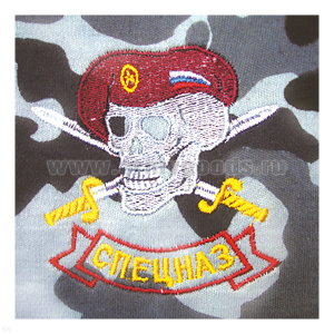 Футболка с вышивкой на груди Спецназ (череп в краповом берете) сер. КМФ