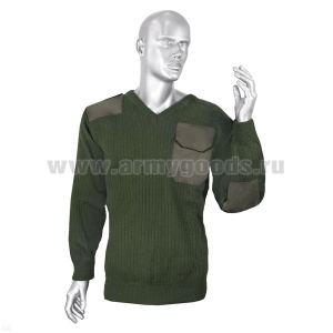Свитер ПАН 100 % с накладками оливковый (вырез под горло V-образный)