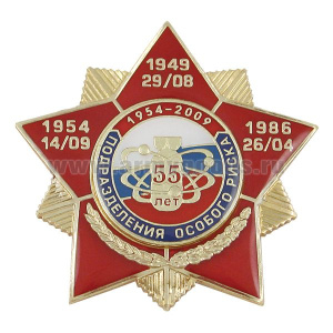 Значок мет. 55 лет Подразделениям особого риска 1954-2009 (звезда с накладкой, смола)