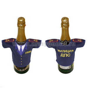 Рубашечка на бутылку сувенирная вышитая Милиция ДПС ГИБДД (синяя) на погонах - буквы "ДПС"