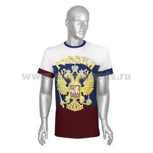 Футболка с рис краской триколор с орлом РФ и надписью Россия