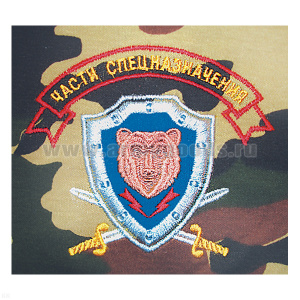 Футболка с вышивкой на груди Части спецназначения (медведь на голубом щите) зел. КМФ